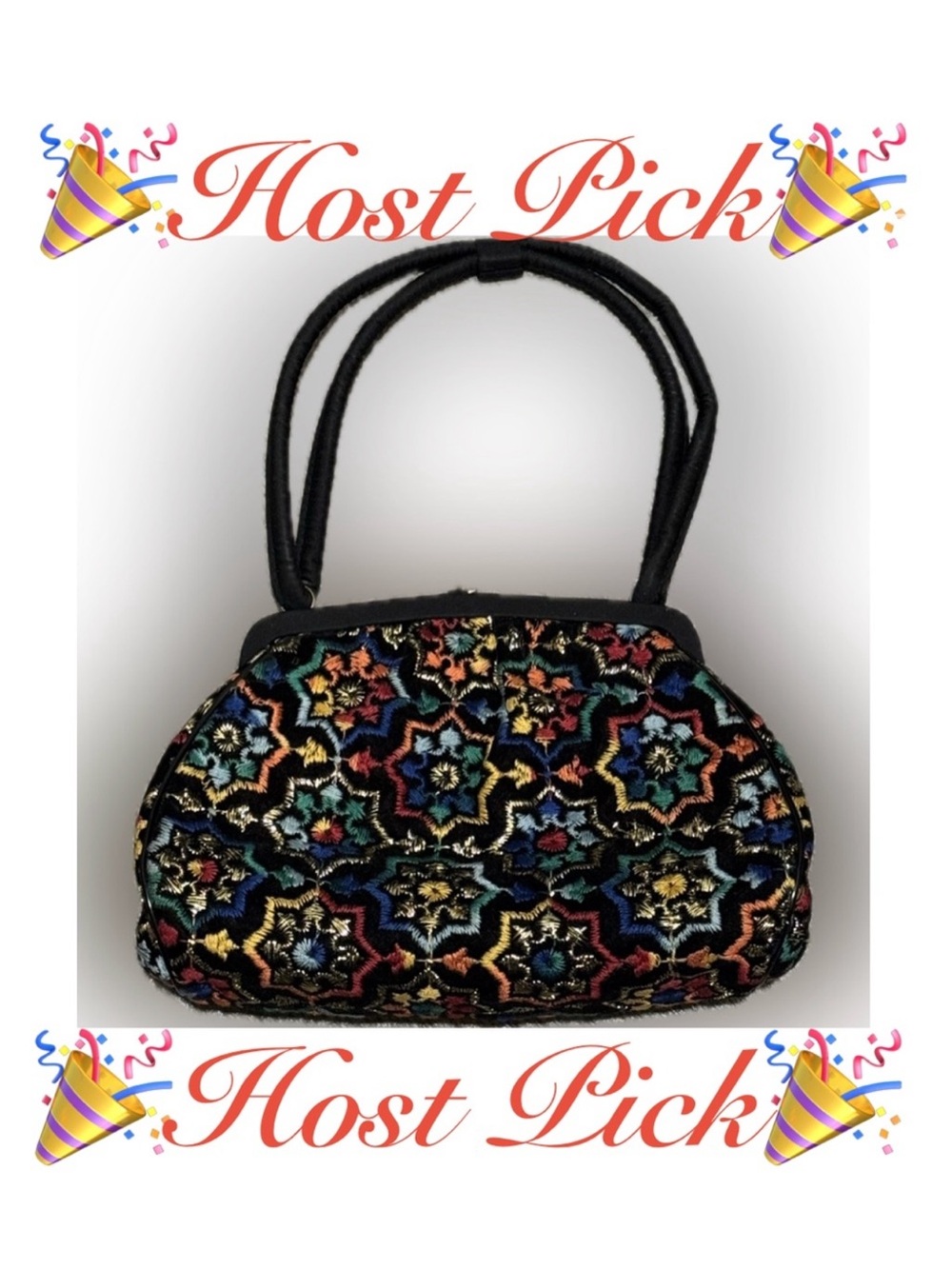 Embroidered Multi-Color Evening Clutch with Black Handles
